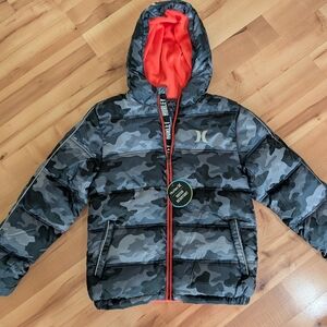 Kohl's Gray Camouflage Puffer Jacket with Orange Trim
